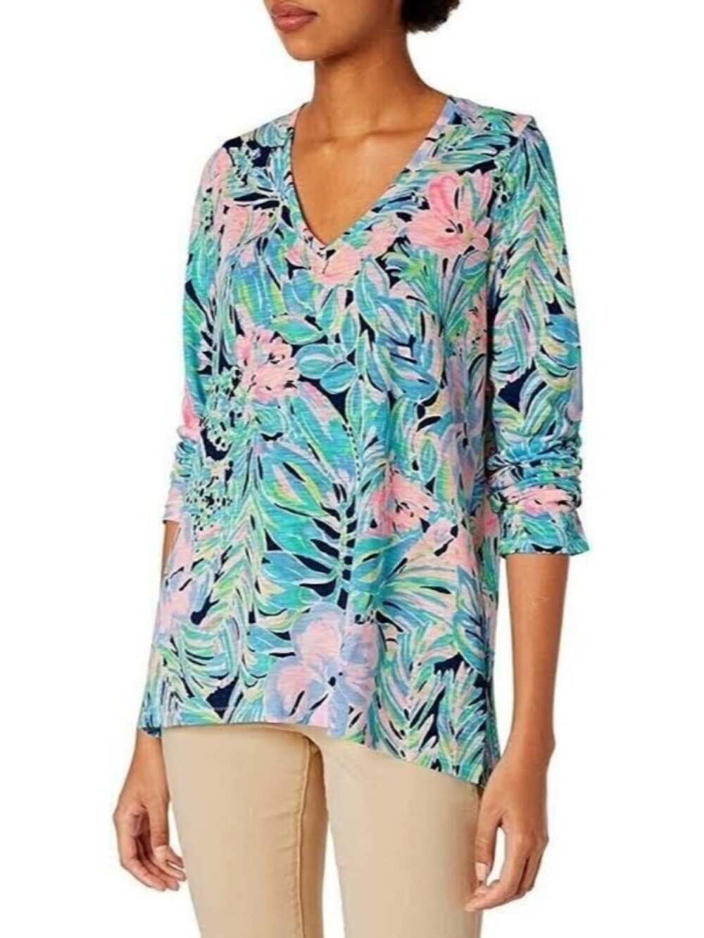 Lilly Pulitzer S Etta V-Neck Top Long Sleeve Cotton Multi Bermudaful